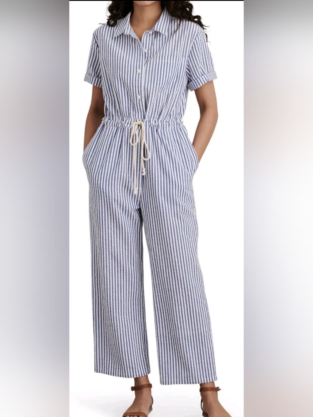 Alex Mills Benny Striped Cotton Seersucker Blue and White Striped Jumpsuit, M